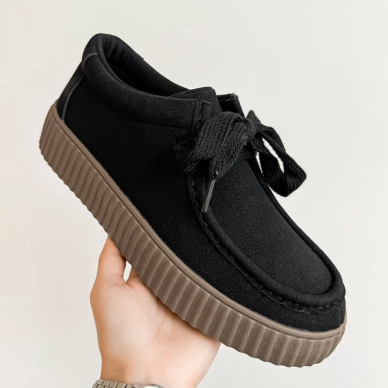 Voguable  Vintage Suede Derby Shoes Women Lace-up Flat Platform Loafers Lightweight Non-slip Office Casual All Season New voguable
