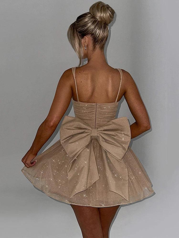 Mozision Bow Backless Sexy Mini Dress For Women Robe Spaghetti Strap Sleeveless Backless High Waist A-line Club Dress Vestido voguable