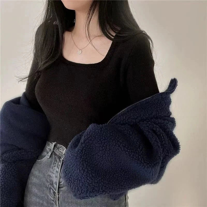 Artificial Lamb Wool Crop Jacket Women Autumn Winter Thick Warm Plush Coat Female Fashion Zipper Stand Collar Casual Outerwear voguable