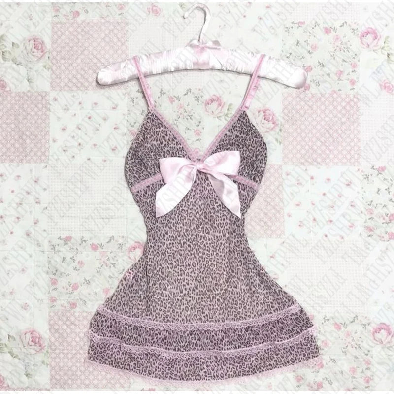 Streetwear Fashion Y2K Women's Dress vintage Aesthetic Hip Hop Casual Cute Pink Bow Lace Punk emo girl Slim V Neck Women's Dress voguable