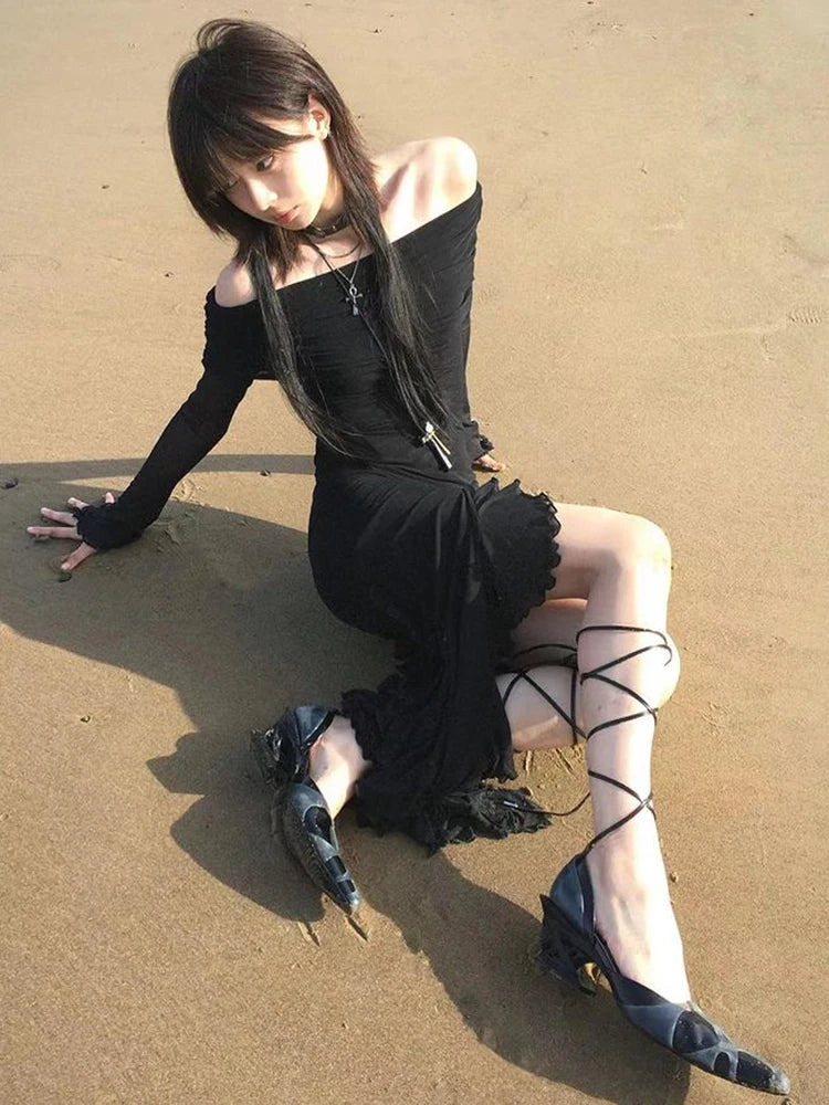 Voguable Black Slash Neck Party Dresses Elegant Fashion Ruffled Side Slit Slim Long Dress Off Shoulder Women Vacation vestidos voguable