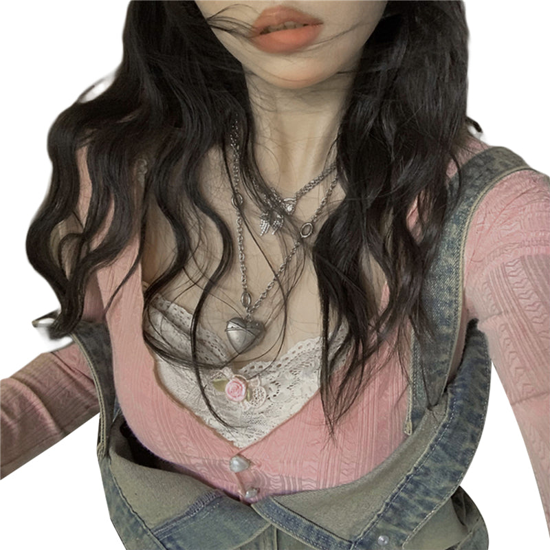 y2k Crop Top Sweet Aesthetic Clothes Women Lace Patchwork Long Sleeve T Shirt with Bow Decor 2000s Clothing Streetwear voguable