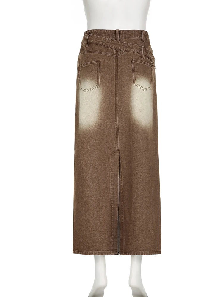 Voguable Tie Dye Denim Long Skirt Vintage Women Irregular Waist Straight Maxi Skirt Fashion femme Y2K Aesthetic Grunge Fairycore voguable