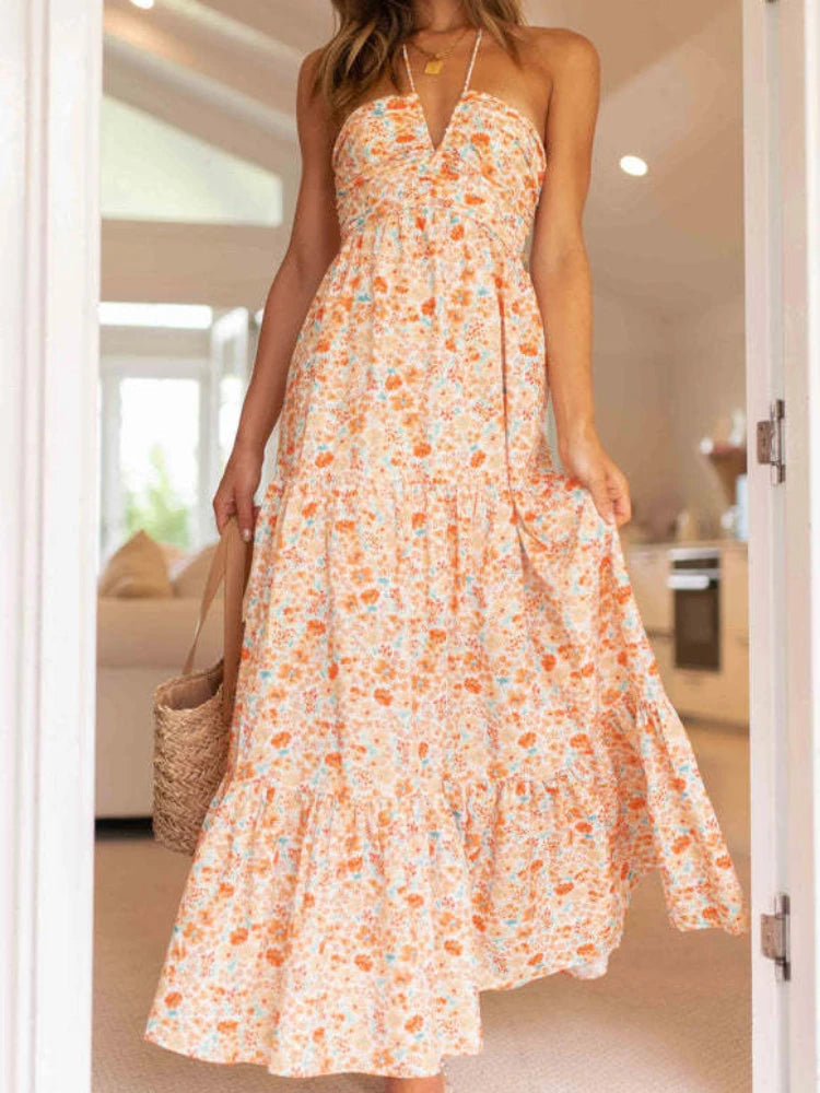 Voguable  Women's Summer Chiffon Halter V Neck Sleeveless Floral Flowy A Line Maxi Dress Boho Backless Tiered Swing Long Beach Dresses voguable