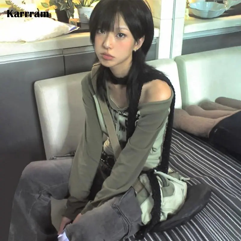 Japanese Y2k Off Shoulder T-shirt Grunge Aesthetics Graffiti Print Long Sleeve Tee Shirt Vintage Harajuku Streetwear 90s voguable