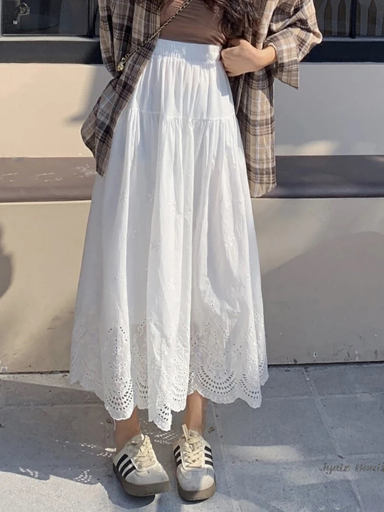 Embroidered Hollow Lace Spliced White Long Skirt 2025 Spring Summer New Elastic Waist Cotton A-line Vacation Beach Boho Skirt voguable