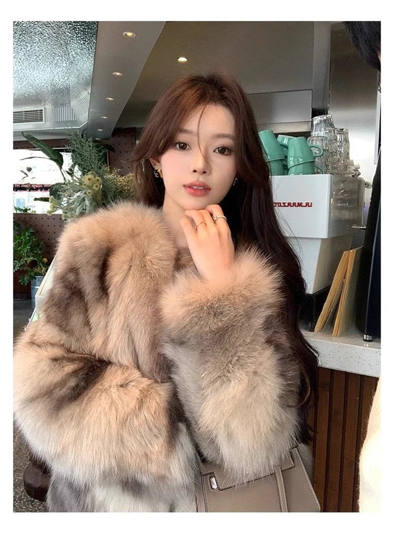 Slim Women Faux Fur Coat Long Sleeve Elegant Vintage Faux Fox Jacket Korean Retro Winter Warm Long Sleeve Female O Neck Tops New voguable