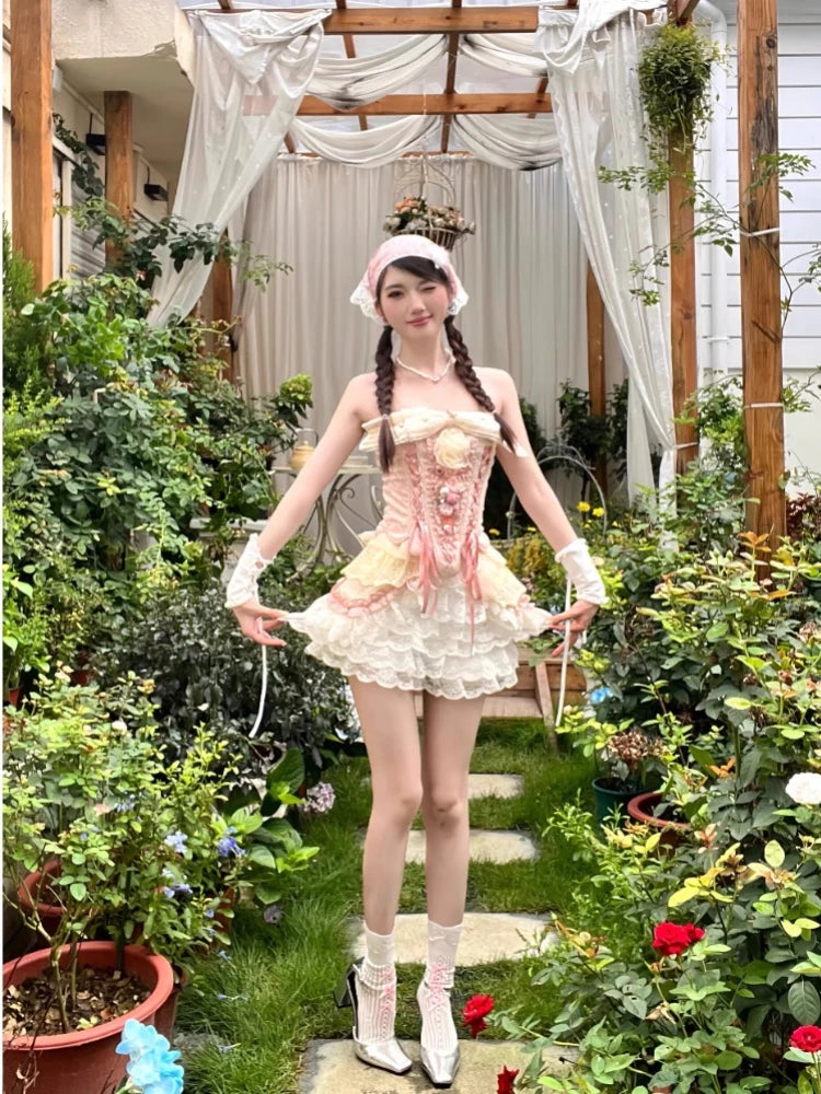 Bow Slash Neck Lace Up Pink Corset Crop Tops White Lace Patchwork Ruffled High Waist Shorts 2 Piece Sets Womens Outifits voguable