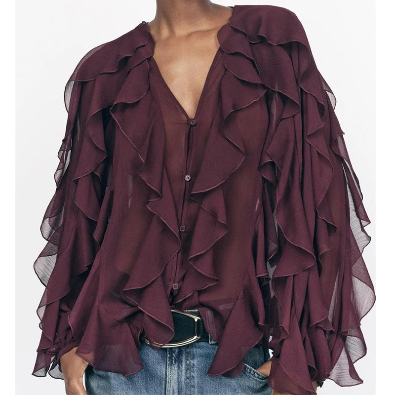New Women Sexy Semi-sheer Ruffle Shirt Long Sleeve V Neck Front Button Spring Blouse Burgundy Blusas Mujer voguable