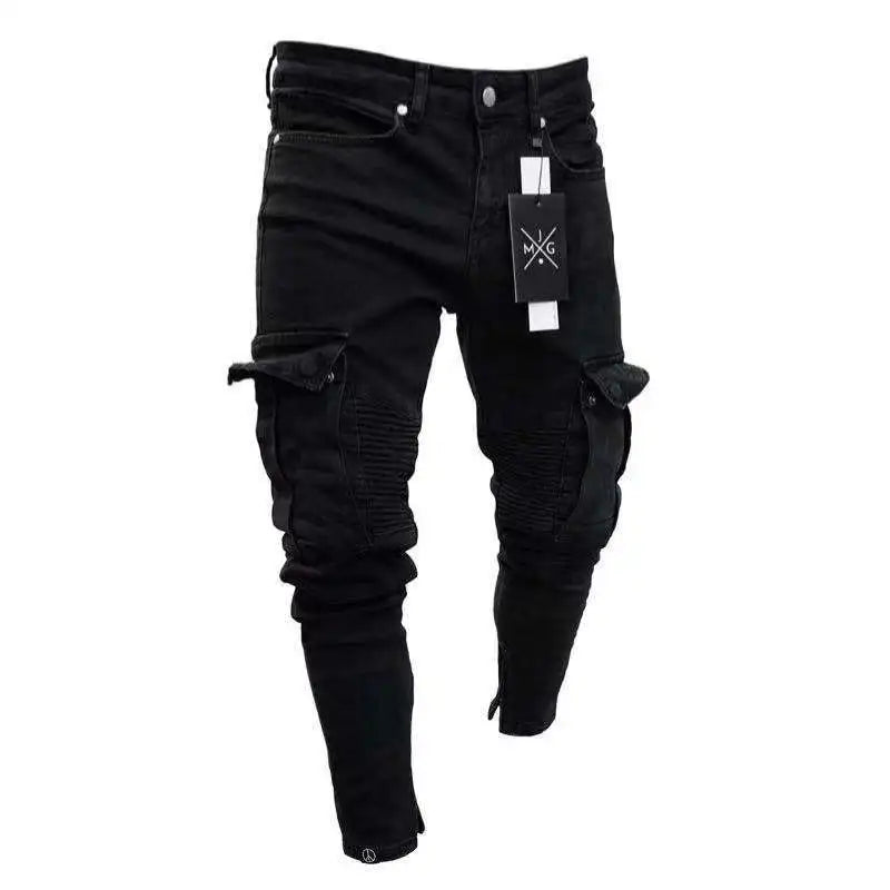 Jeans Men Pants Wash Solid Color Multi Pockets Denim Mid Waist Cargo Jeans Plus Size Fahsion Casual Trousers Male Daily Wear voguable