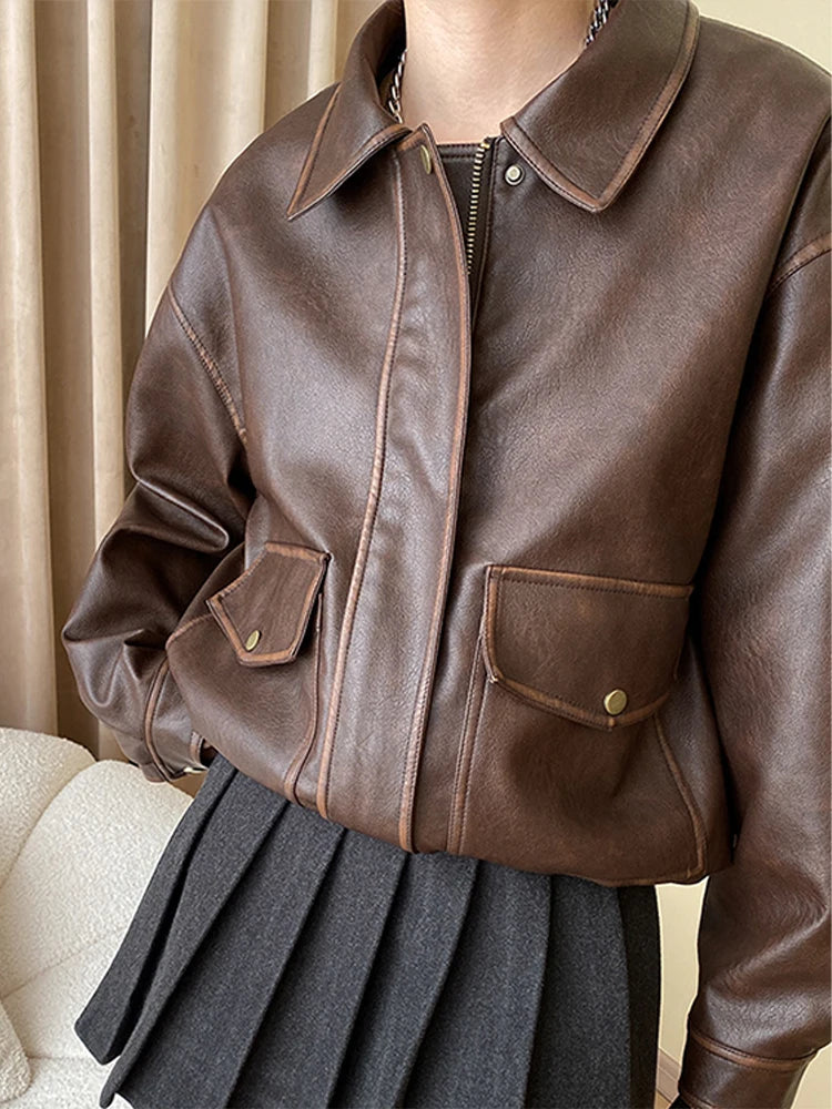 Vintage Maillard Leather Jacket Silhouette Craft PU Leather Motorcycle Jacket Top Women Loose Thickened Brown Coat Spring Autumn voguable