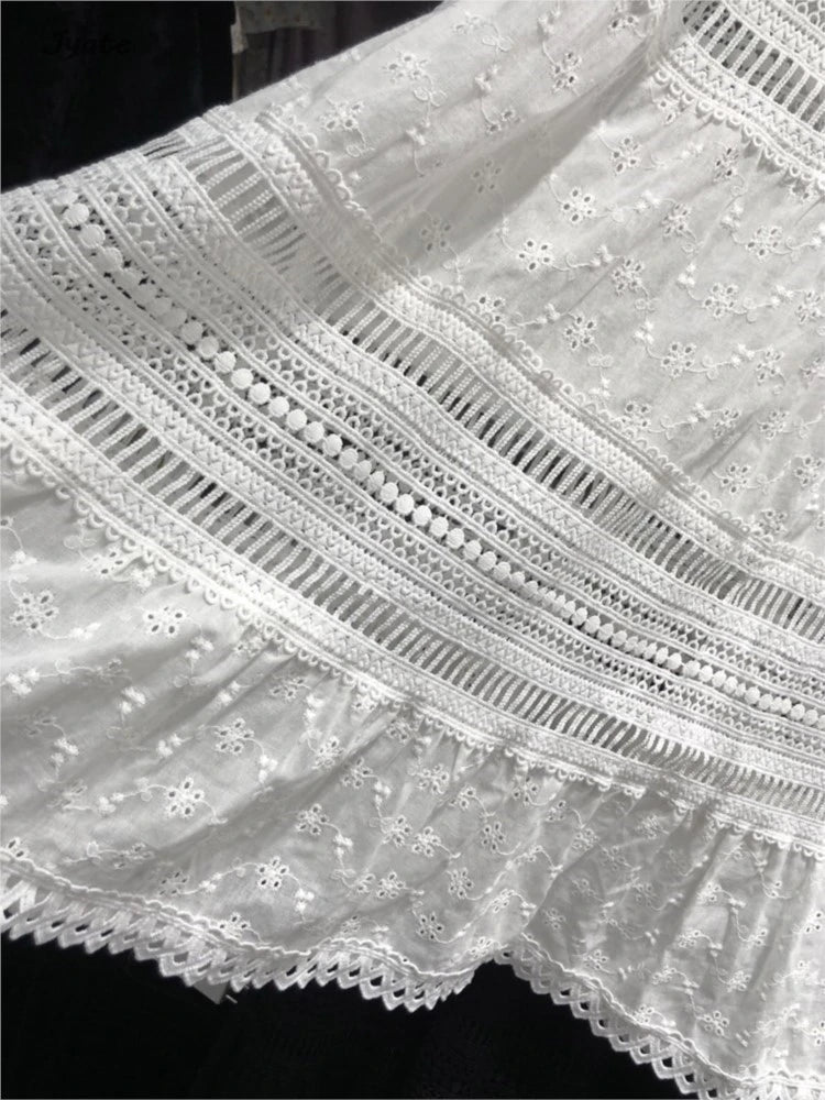 Embroidered Hollow Lace Spliced White Long Skirt 2025 Spring Summer New Elastic Waist Cotton A-line Vacation Beach Boho Skirt voguable