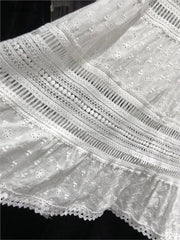 Embroidered Hollow Lace Spliced White Long Skirt 2025 Spring Summer New Elastic Waist Cotton A-line Vacation Beach Boho Skirt voguable