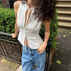 y2k Tank Top Women Summer Clothes White Flower Embroidery Mock Neck Front Cutout Sleeveless T Shirt Vest Streetwear voguable