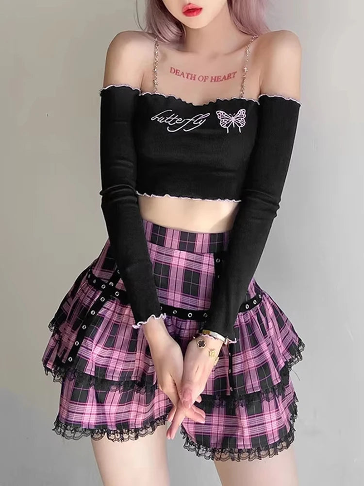 Mall Goth Gothic Lace Ruffle Mini Skirts Womens Harajuku Fairy Grunge Pink Plaid Pleated Skirt Japanese Lolita Streetwear voguable