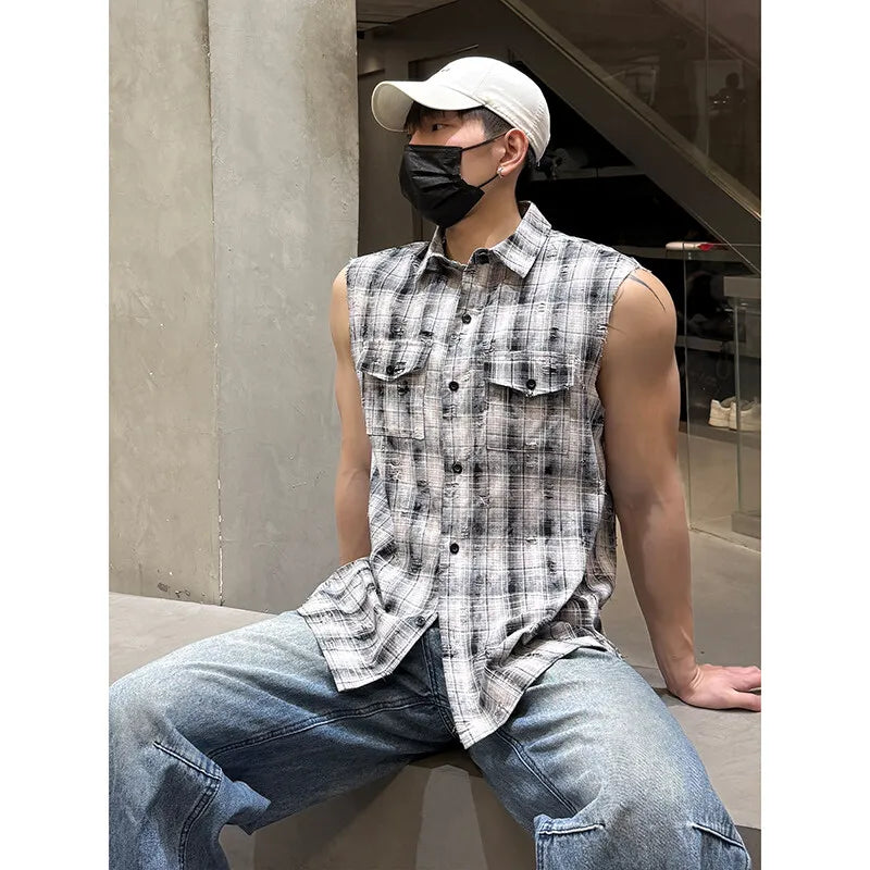 Sleeveless shirt men Trendy Men Plaid Shirt 2025 Summer Fashion Checkered Streetwear Hot Sale Breathable Casual Top Comfortable voguable