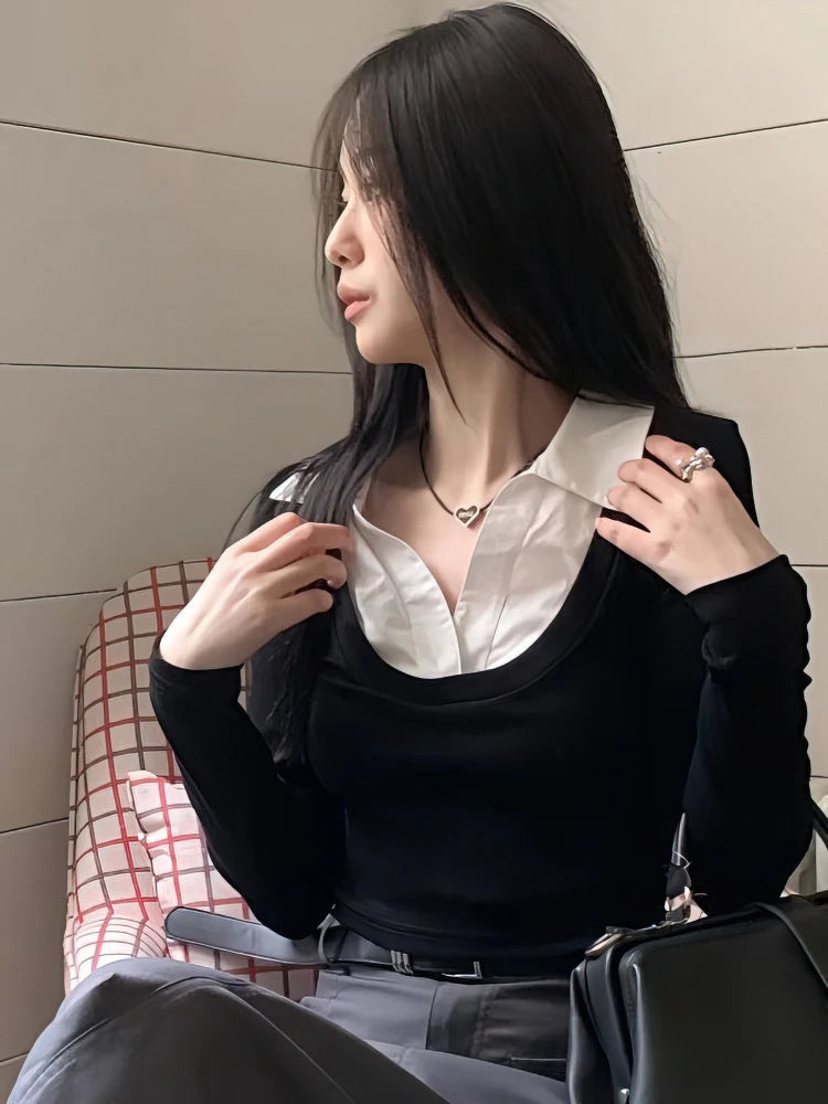 False Two piece Long sleeve Cropped T-Shirt With Collar Women Sexy Body Polo Neck Crop Top Spring Fall Basic Tee Lady Korean New voguable