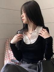 False Two piece Long sleeve Cropped T-Shirt With Collar Women Sexy Body Polo Neck Crop Top Spring Fall Basic Tee Lady Korean New voguable