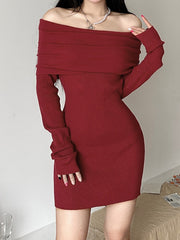 Red Slash Neck Slim Sweater Dress mysite