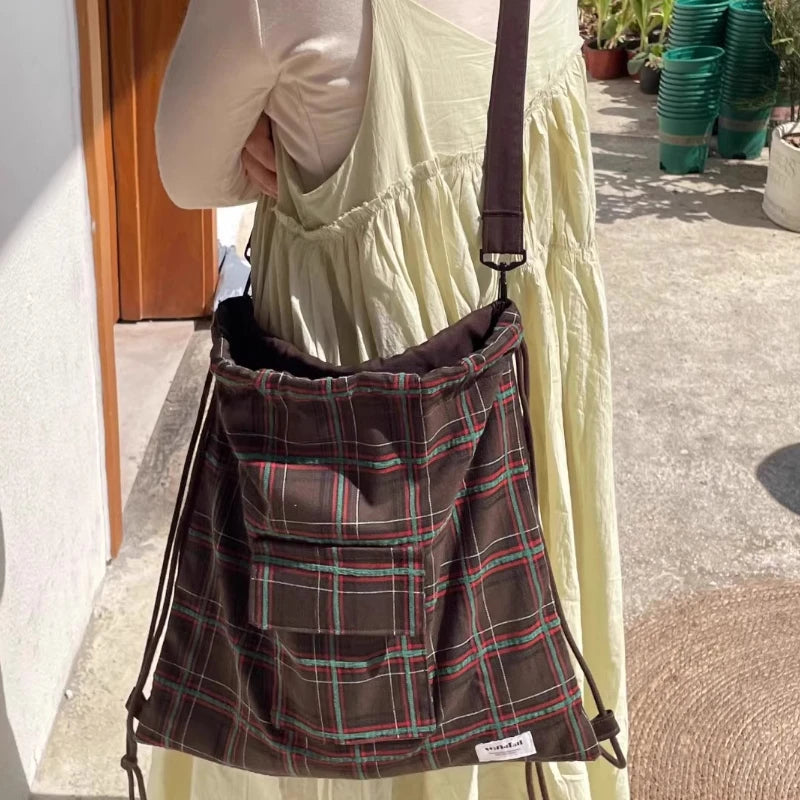 Drawstring Vintage Pleated Women Backpacks Y2k Aesthetic Plaid Grunge Shoulder Bags High-capacity Harajuku Handbags Crossbody voguable