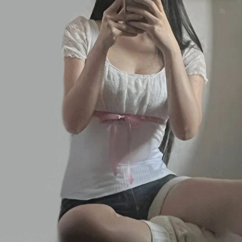 Voguable Coquette Contrast Bow Decorate Top Women's Summer Y2K Slim-fitting Puff Sleeve T-shirt Cute Japanese Lace Patchwork Tee voguable