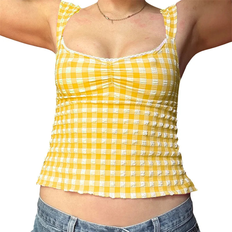 y2k Tops for Women Summer Fairycore Clothing Plaid Print Lace Trim Sleeveless Tanks T Shirts 2000s Clothing Streetwear voguable