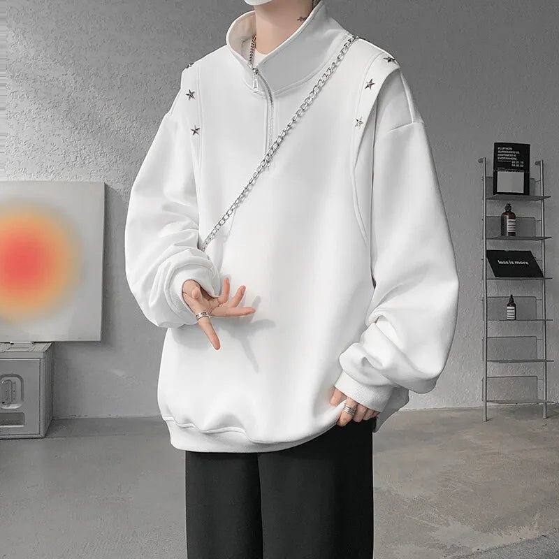 Men hoodie  Stand Collar Half Zip Sweatshirt Star Shoulder Design 2025 New Fashion Casual Streetwear Comfort Athletic Pullover voguable
