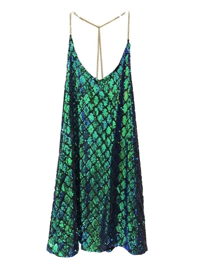 Voguable  Sexy Dresses Party Night Club Dress Dress Summer Metal Hanging Neck Sequins Backless Holiday Skirt with Shoulder-straps voguable