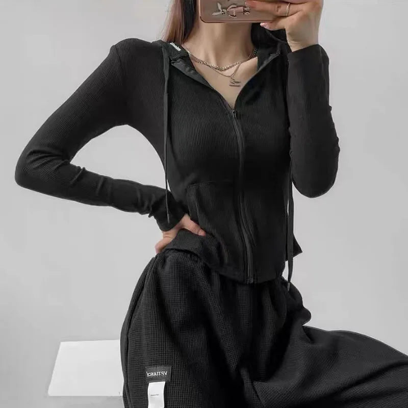 Fall Fashion Crop Hooded Cardigan Women Y2K Korean Slim Solid Zipper Long Sleeve Coats Harajuku Streetwear Sports Cardigan Tops voguable