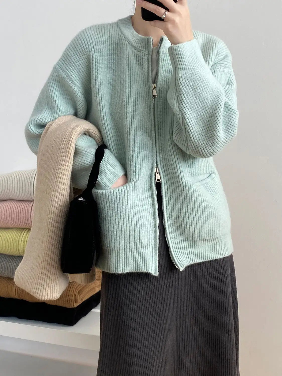 Sweater Cardigan Women Autumn Double Zipper Casual Korean Knitwear Coat Solid Color Loose Soft Long Sleeve Jackets Outerwear voguable