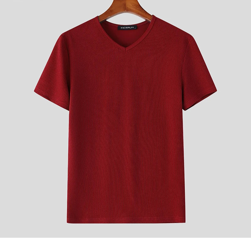 2025 Men's T Shirt Solid V Neck Short Sleeve Summer Streetwear Casual Male Tee Tops Korean Style Fashion Men Clothing voguable
