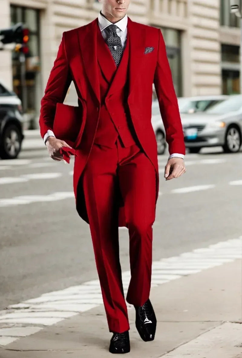 Voguable  Elegant Men's 3-Piece Tail Coat Blazer Vest Pant Tuxedo Set Regular Fit Peak Lapel Formal Male Suit for Prom Wedding Business voguable