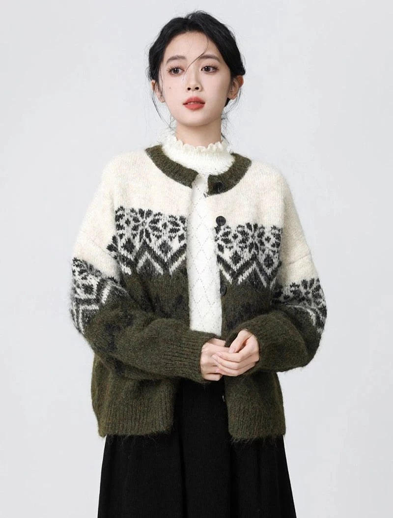 Women O Neck Retro Print Cardigan Sweaters Casual Lazy Wind Long Sleeve Knitted Short Coat Fall Winter Vintage Harajuku Lady Top voguable