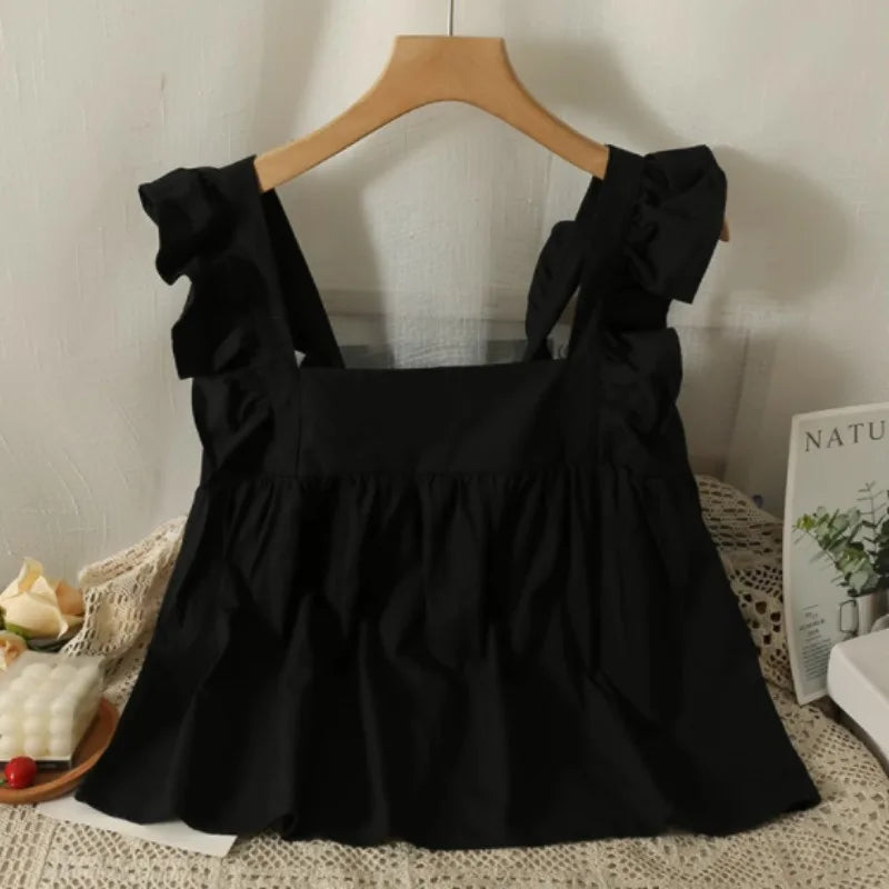 Voguable  Elegant Sweet Square Collar White Blouses New Ruffles Flying Sleeve Shirts Summer Backless Bow Vest for Women voguable