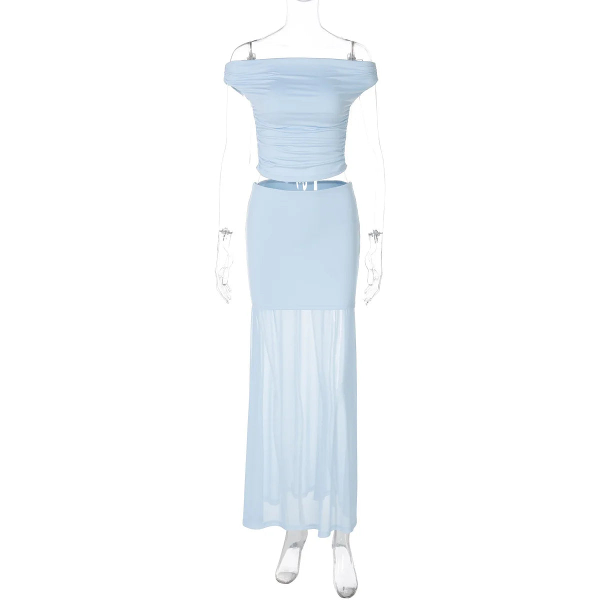 Blue Mesh Sexy Skirt Two Piece Sets Women Strapless Crop Tops And Maxi Skirt Ladies Fashion Elegant 2 Piece Sets voguable