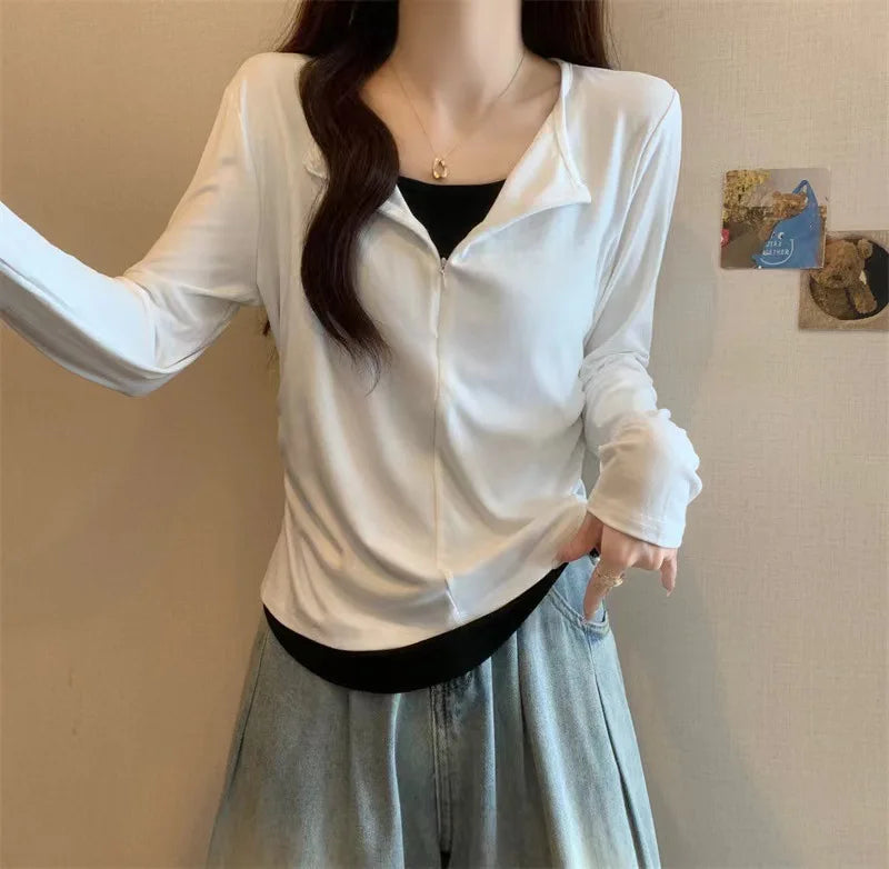 Long Sleeve T Shirt Women Fashion Fake Two Pieces Patchwork Basic Slim Zipper Slimming Bottoming Shirt Retro Red Casual T-shirt voguable