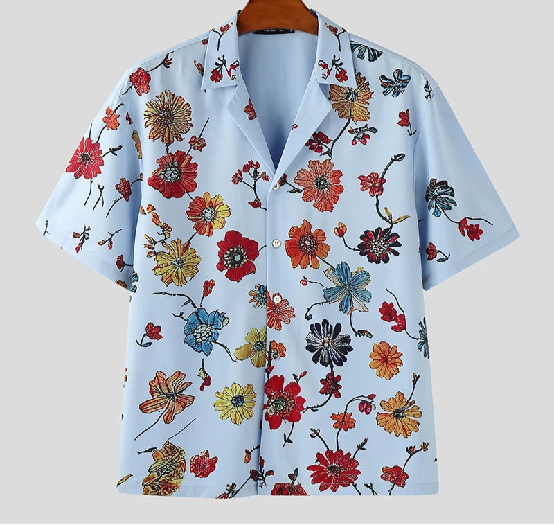 Men Shirt Flower Printing Summer Vacation Male Tops Streetwear Lapel Short Sleeve Loose Casual Men Clothing S-5XL voguable