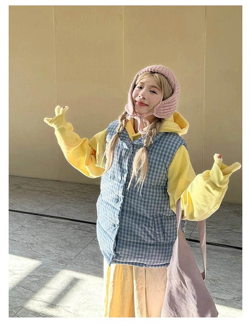Cute Blue Plaid Puffy Vest Women Loose Vintage Sleeveless Warm Thick Winter Sweet Vest Coat Korean Preppy Style Outwear Top voguable
