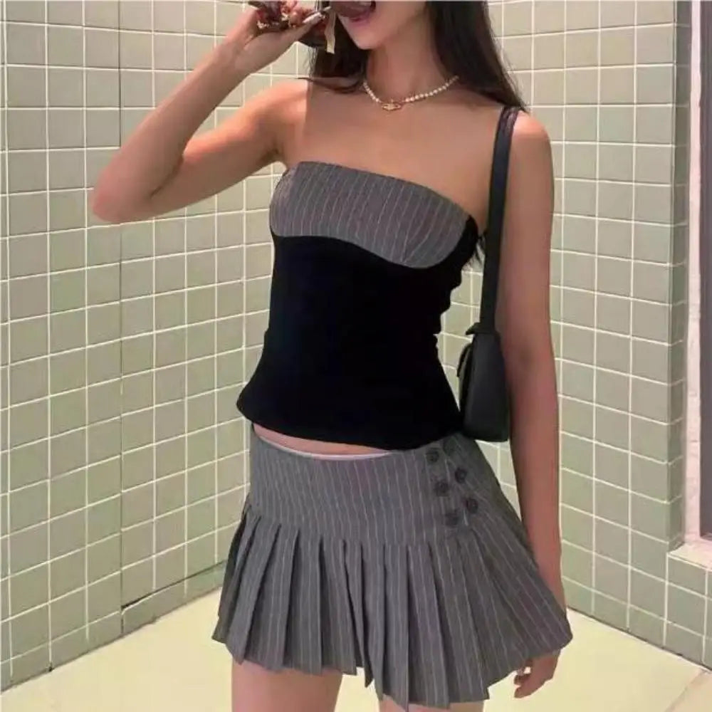 Mini skirt y2k clothes kawaii korean fashion striped skirts for women grey mini skirts woman pleated micro skirts with buttons Pbong