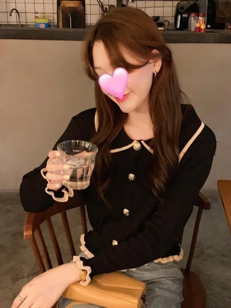 Ruffles Sweet Cardigan Sweaters Women Fashion Slim Long Sleeve Knitted Short Coat Elegant Patchwork Korean Lady Black Tops voguable