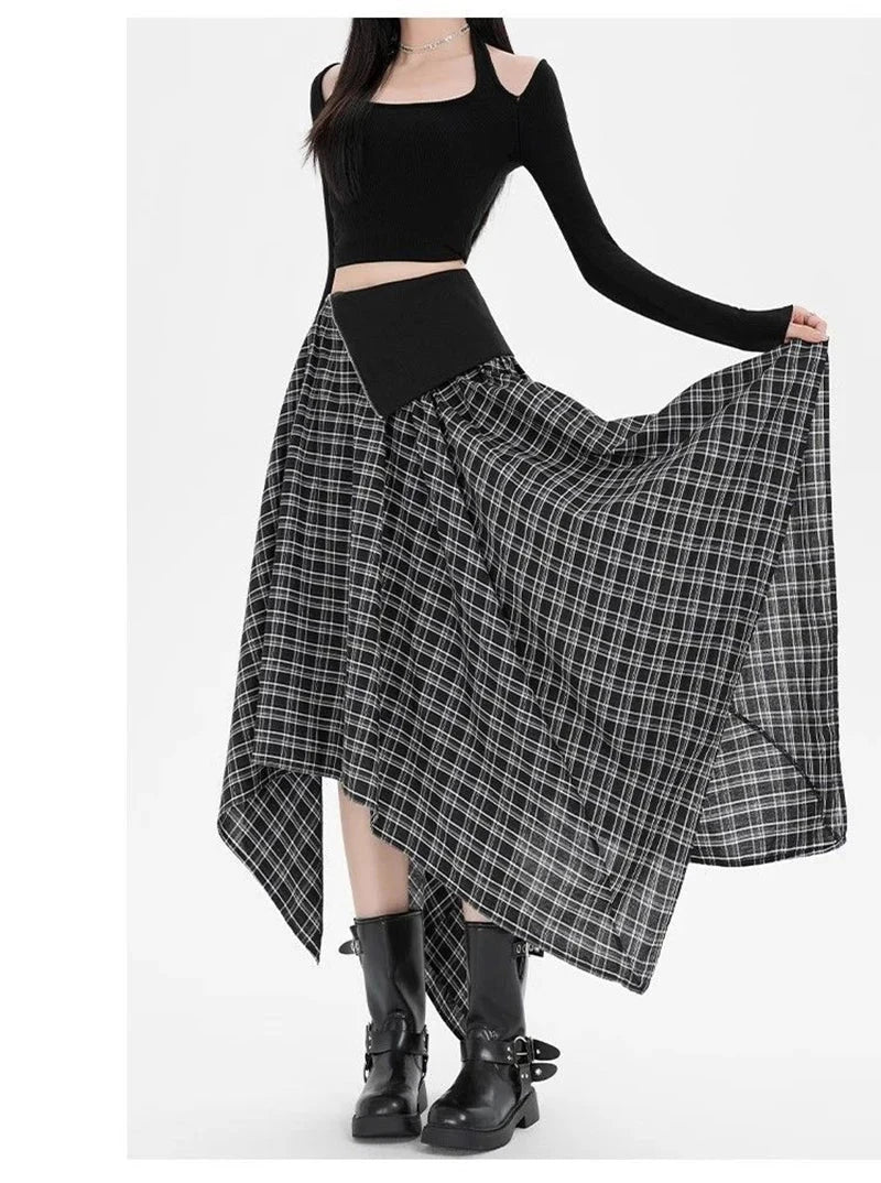 Y2K Streetwear Plaid Long Skirt Women High Waist Retro Hip Hop Irregular Skirt Fall Casual American Gothic Female Long Skirts voguable