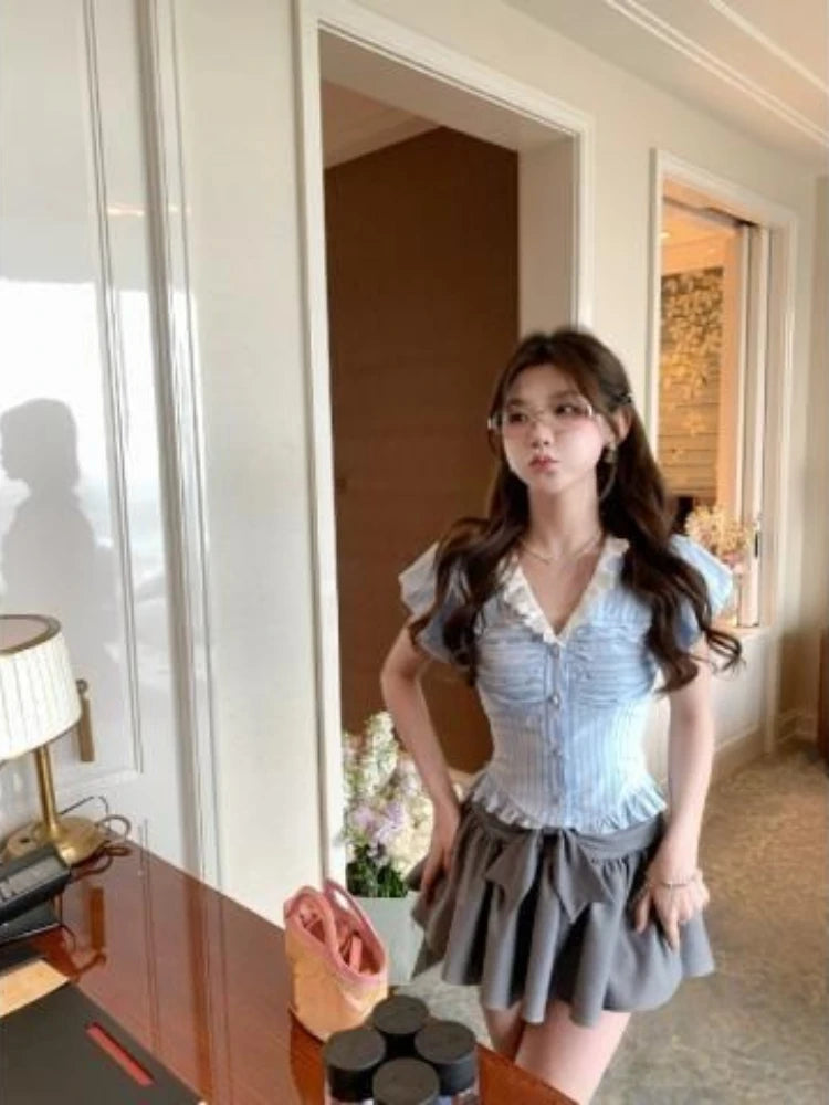 Voguable 2024 New Japanese Style Kawaii Suit Girls Cute Stripe Slim Bouse + Bow Y2k Mini Skirt Korean Fashion Sweet Skirt Set Woman Chic voguable
