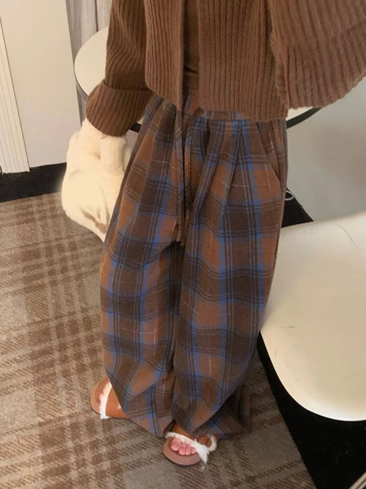 Faux Woolen Warm Plaid Pants Women Vintage Harajuku High Waist Wide Leg Trousers Streetwear Retro Loose Casual Fall Winter Pant voguable