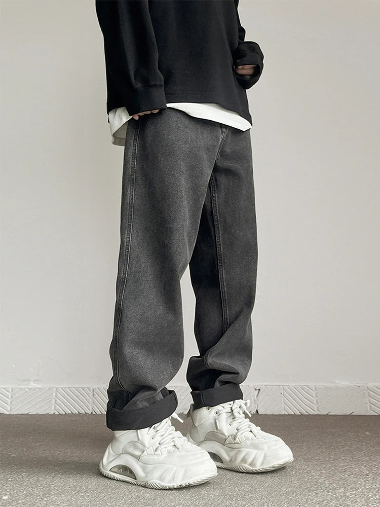 New Fashion Korean Men's Baggy Straight Jeans Classic Black Gray High Street Denim Pants Streetwear High Quality Male Trousers voguable