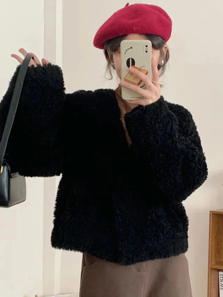 Winter Vintage Women Faux Lamb Coat Warm Soft Long Sleeve V Neck Sweet Jacket Retro Simple Solid Korean Female Preppy Style Tops voguable