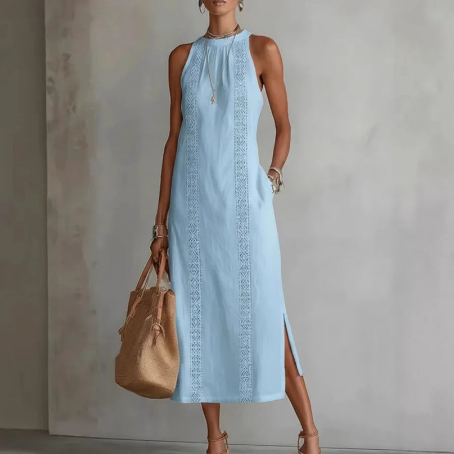 Voguable  European and American - spring and summer women's clothes hanging neck vacation solid color lace splicing sleeveless dres voguable