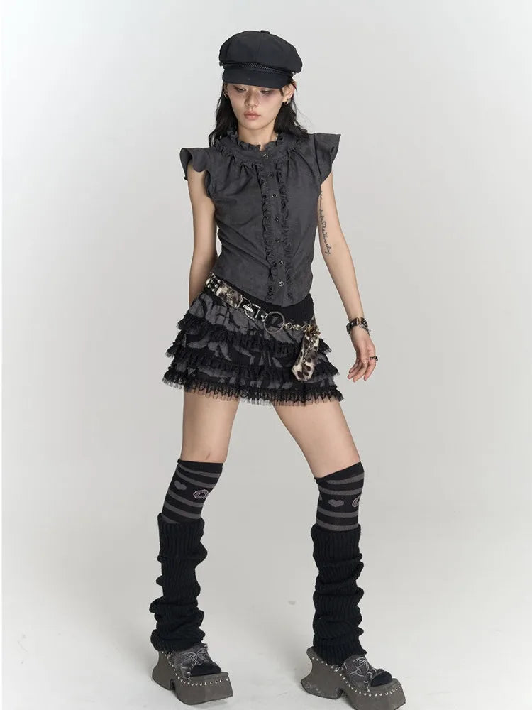 HOUZHOU Gothic Punk Vintage T Shirts Women Korean Style Harajuku Streetwear Patchwork Ruffled Sleeveless Slim Tees Top 2024 Chic voguable