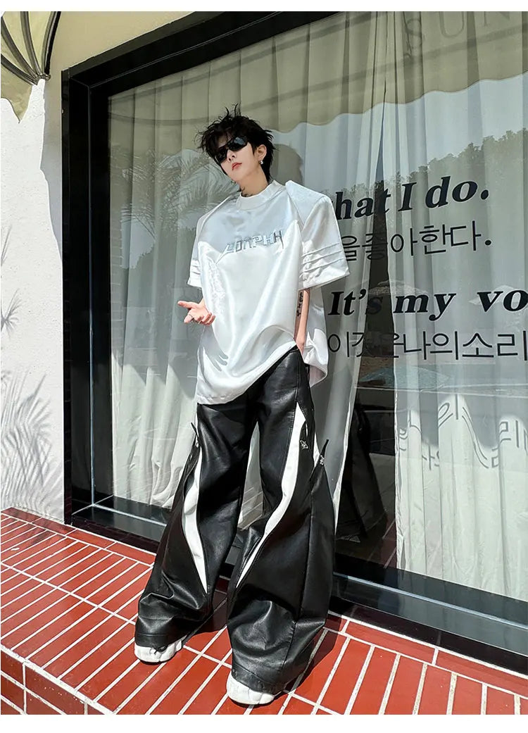 Voguable  Stylish Street Letter Splicing Design Short Sleeve Tops Men's Personality Shoulder Pad Original Handsome T Shirts voguable