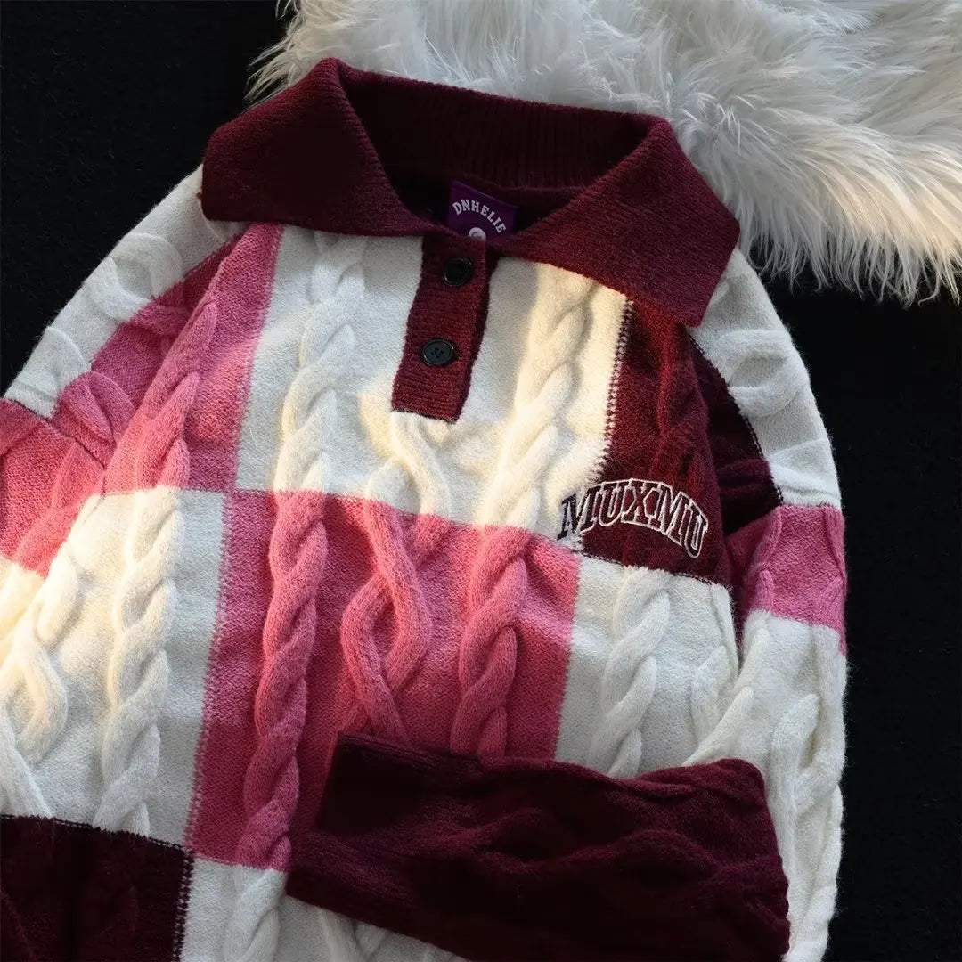 Voguable Vintage Plaid Green Knitted Sweater Men Checked Pullover Y2K Blue Sweaters Men's Winter Harajuku Japanese Streetwear voguable