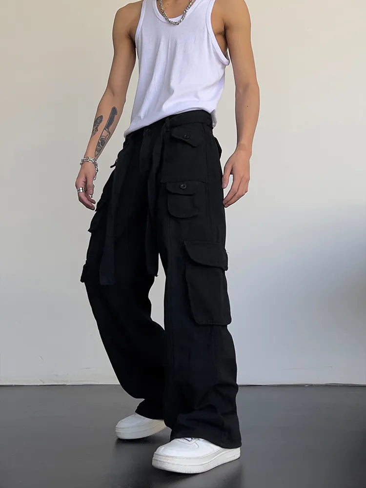 High street retro casual large pocket overalls men's and women's new summer high waist loose straight tube draped wide leg pants voguable